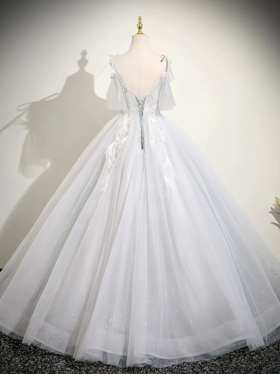 Cute V neck A-Line Tulle Long Prom Dresses, White Sweet 16 Dresses DP3169