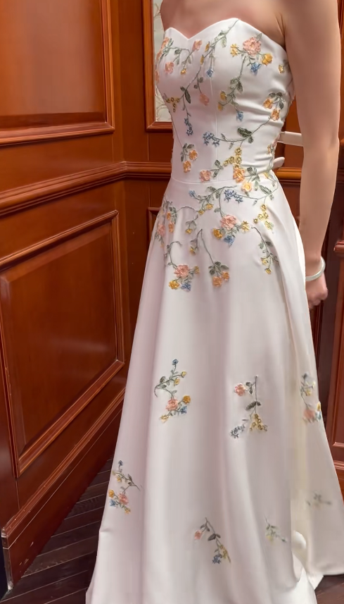 Elegant Sweetheart Sheath Satin Long Prom Dresses, White Floral Formal Dresses DP3171