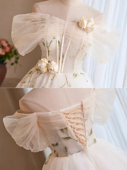 Gorgeous Off-the-shoulder A-Line Tulle Short Prom Dresses, White Homecoming Dresses DP3173