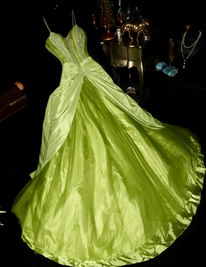Fairy Spaghetti Strap A-Line Long Prom Dresses Green Evening Dresses DP3187