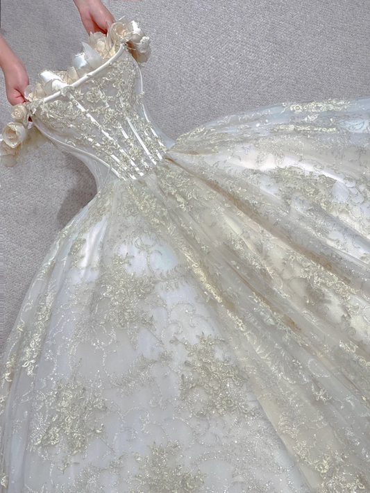 Pretty Ball Gown Strapless Sleeveless Long Lace Tulle Prom Dresses Evening Dresses DP319