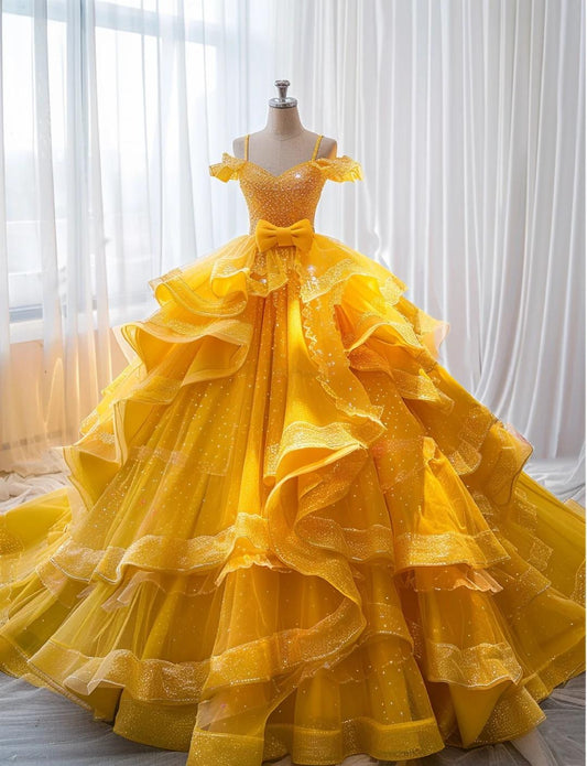 Gorgeous Off-the-shoulder Ball Gown Tiered Tulle Long Prom Dresses Yellow Quinceanera Dresses Sweet 16 Dresses DP3210