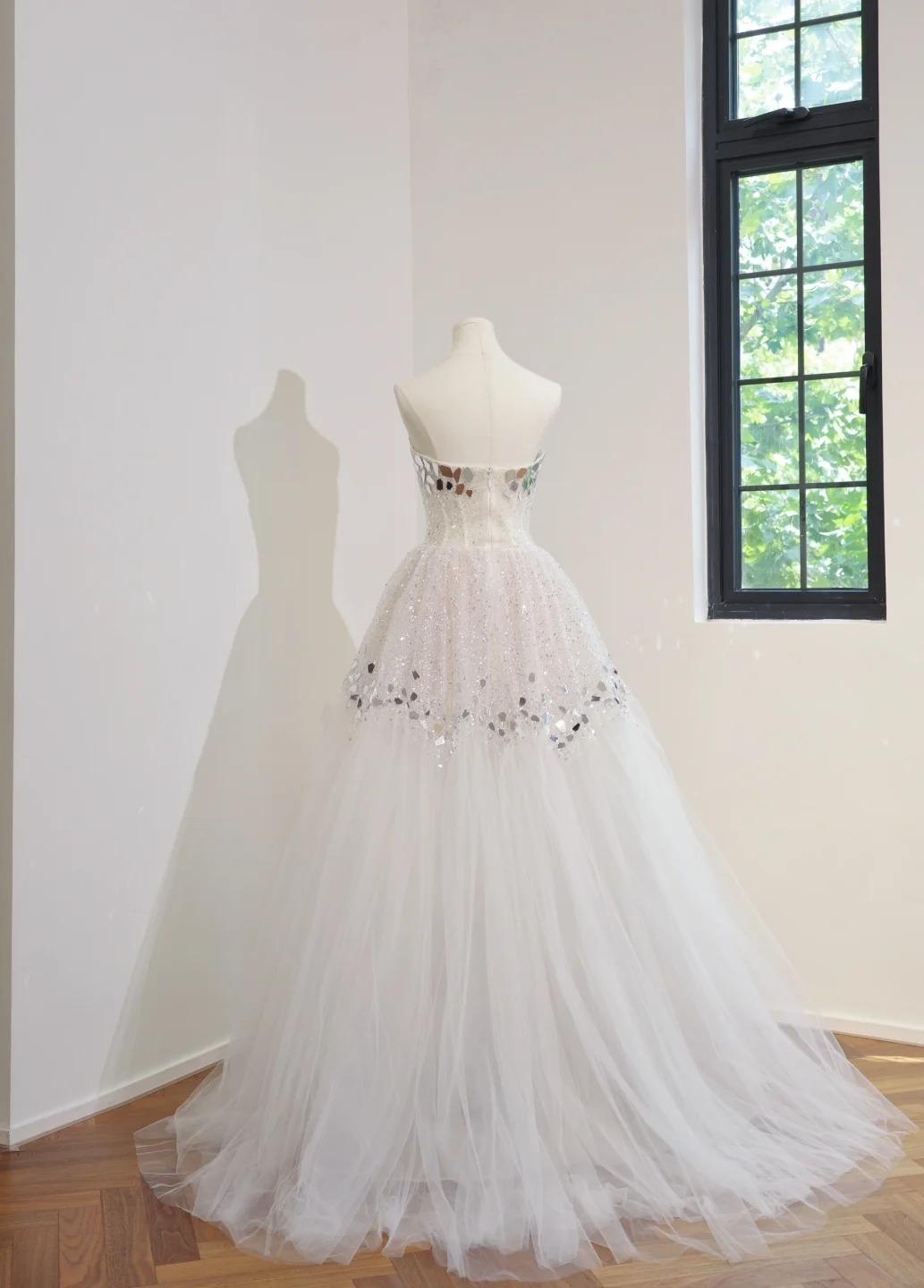 Strapless A-Line Tulle Mirrors Simple Wedding Dresses Sleeveless White Bridal Gowns  DP3212