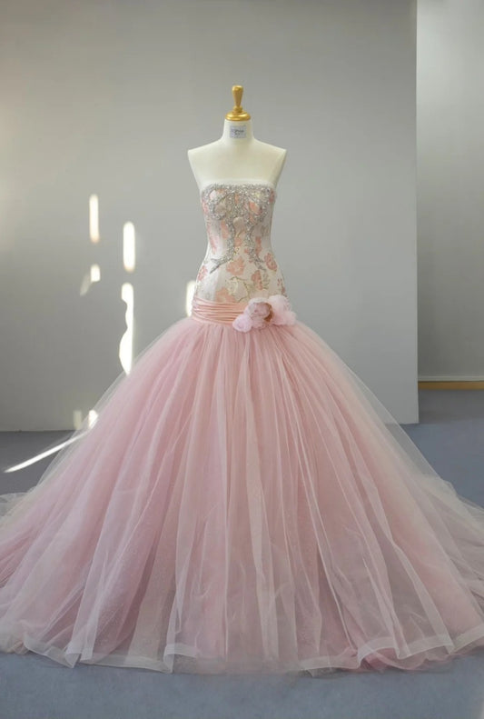 Fairy Strapless Mermaid Long Prom Dresses, Beaded Tulle Pink Evening Gowns DP3221