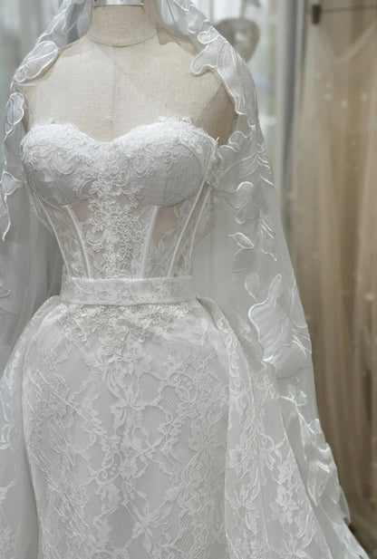 Elegant Sweetheart Neck Sheath Wedding Dresses White Lace Trailing Bridal Gowns DP3228