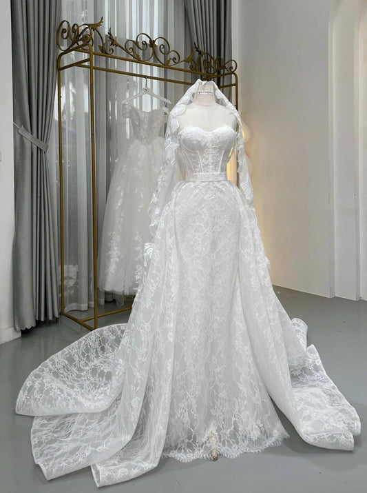 Elegant Sweetheart Neck Sheath Wedding Dresses White Lace Trailing Bridal Gowns DP3228