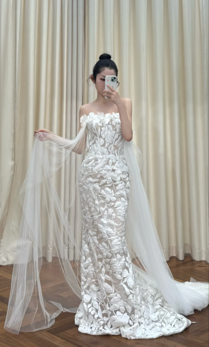 Modest Strapless Sheath Luxury Wedding Dresses Tulle Applique White Bridal Gowns Sleeveless Bridal Dresses DP3248