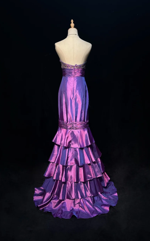 Glam Strapless Mermaid Long Prom Dresses Satin Sleeveless Evening Dress Purple Formal Dresses DP3254