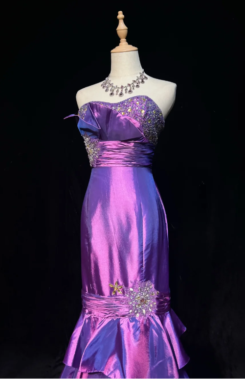 Glam Strapless Mermaid Long Prom Dresses Satin Sleeveless Evening Dress Purple Formal Dresses DP3254