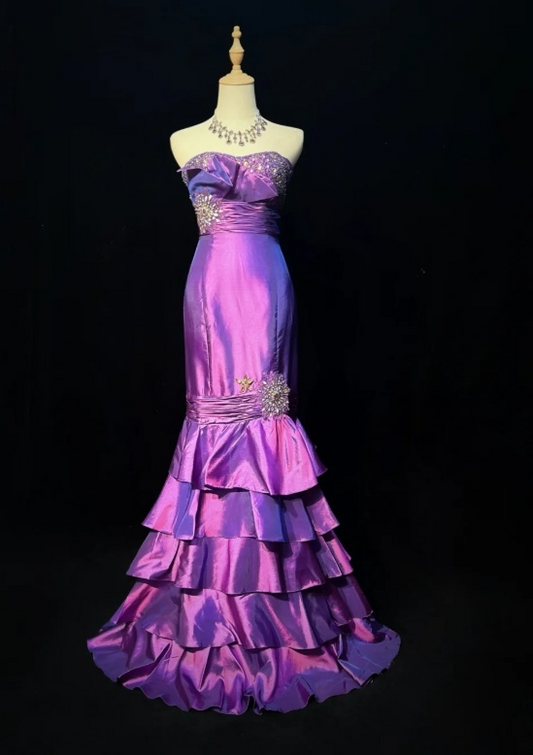 Glam Strapless Mermaid Long Prom Dresses Satin Sleeveless Evening Dress Purple Formal Dresses DP3254