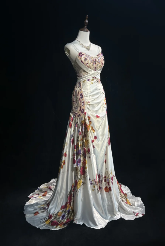Vintage Spaghetti Strap Sheath Long Prom Dresses Floral Satin Sleeveless Evening Dress Sequin Champagne Formal Dresses DP3255