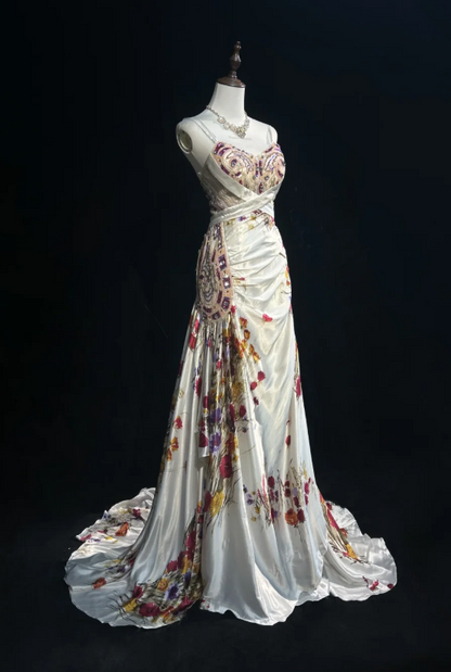 Vintage Spaghetti Strap Sheath Long Prom Dresses Floral Satin Sleeveless Evening Dress Sequin Champagne Formal Dresses DP3255