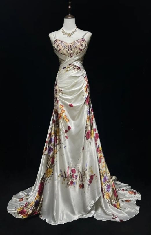 Vintage Spaghetti Strap Sheath Long Prom Dresses Floral Satin Sleeveless Evening Dress Sequin Champagne Formal Dresses DP3255