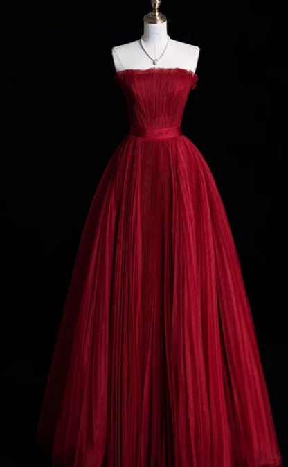 Gorgeous Strapless A-Line Long Prom Dresses Tulle Pleated Sleeveless Evening Dress Burgundy Formal Dresses DP3256