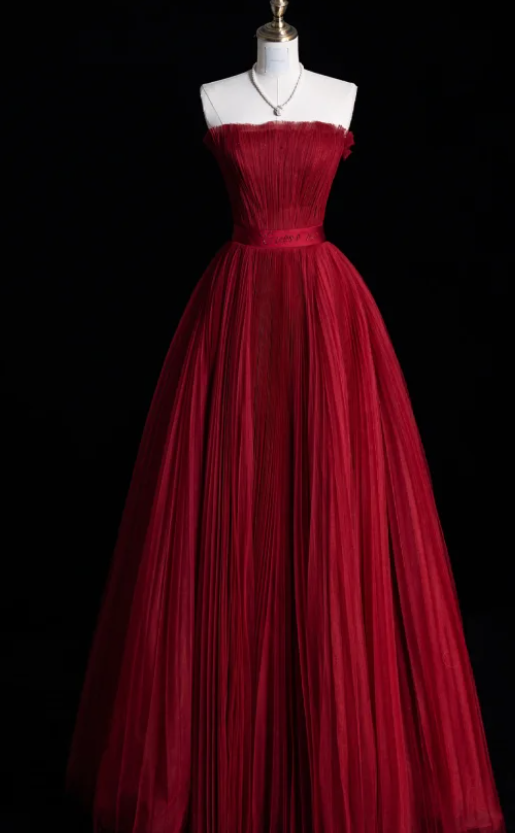 Gorgeous Strapless A-Line Long Prom Dresses Tulle Pleated Sleeveless Evening Dress Burgundy Formal Dresses DP3256
