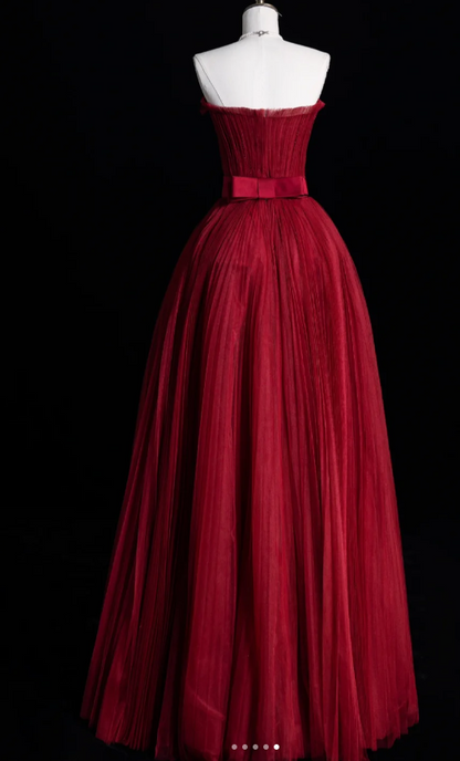Gorgeous Strapless A-Line Long Prom Dresses Tulle Pleated Sleeveless Evening Dress Burgundy Formal Dresses DP3256