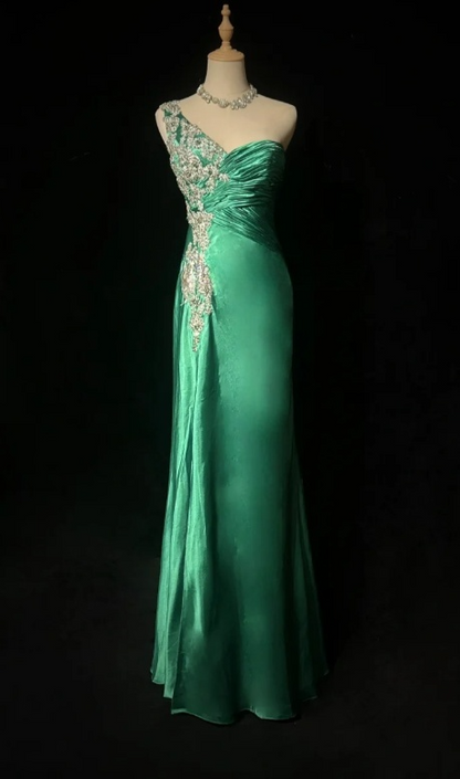 Vintage Sheath Long Evening Dresses Sleeveless Satin Formal Dresses One Shoulder Green Wedding Guest Dresses DP3260