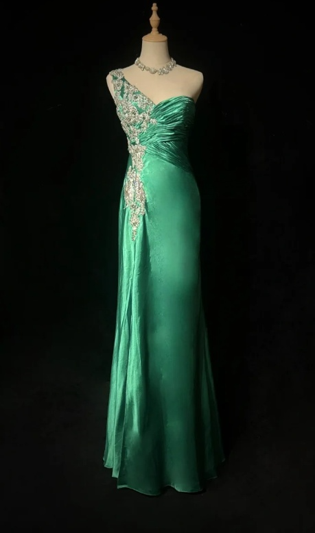 Vintage Sheath Long Evening Dresses Sleeveless Satin Formal Dresses One Shoulder Green Wedding Guest Dresses DP3260