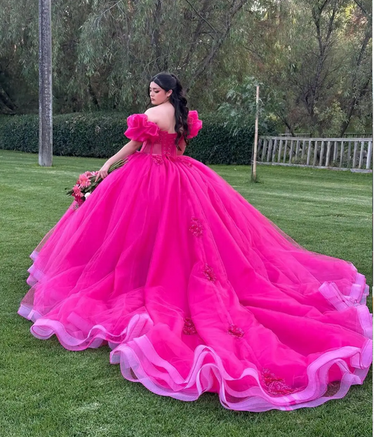 Cute Off-the-shoulder Ball Gown Tulle Long Prom Dresses Fuchsia Quinceanera Dresses estido De 15 Anos Sweet 16 Dress DP3261