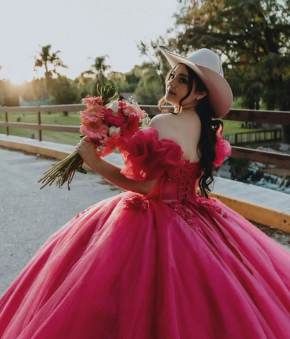 Cute Off-the-shoulder Ball Gown Tulle Long Prom Dresses Fuchsia Quinceanera Dresses estido De 15 Anos Sweet 16 Dress DP3261