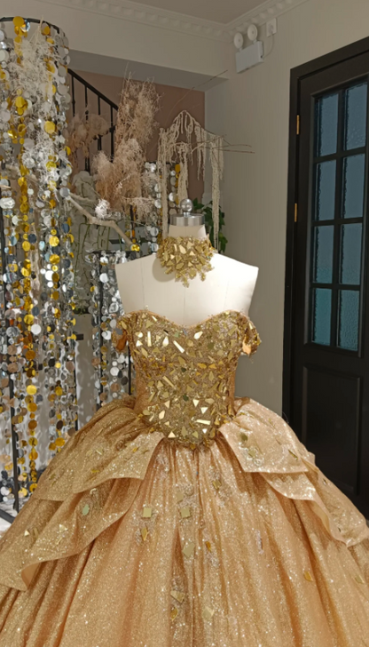 Cute Off-the-shoulder Ball Gown Sequins Long Prom Dresses Gold Quinceanera Dresses estido De 15 Anos Sweet 16 Dress DP3262