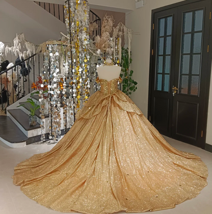 Cute Off-the-shoulder Ball Gown Sequins Long Prom Dresses Gold Quinceanera Dresses estido De 15 Anos Sweet 16 Dress DP3262