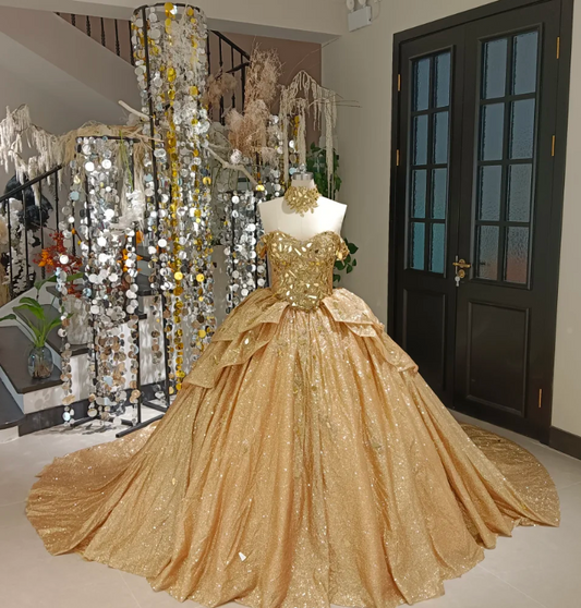 Cute Off-the-shoulder Ball Gown Sequins Long Prom Dresses Gold Quinceanera Dresses estido De 15 Anos Sweet 16 Dress DP3262