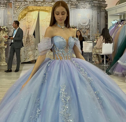 Fairy Off-the-shoulder Ball Gown Tulle Long Prom Dresses Blue Quinceanera Dresses estido De 15 Anos Sweet 16 Dress DP3263
