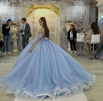 Fairy Off-the-shoulder Ball Gown Tulle Long Prom Dresses Blue Quinceanera Dresses estido De 15 Anos Sweet 16 Dress DP3263