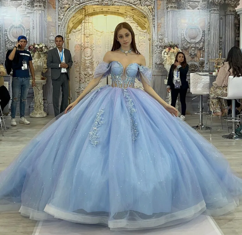 Fairy Off-the-shoulder Ball Gown Tulle Long Prom Dresses Blue Quinceanera Dresses estido De 15 Anos Sweet 16 Dress DP3263