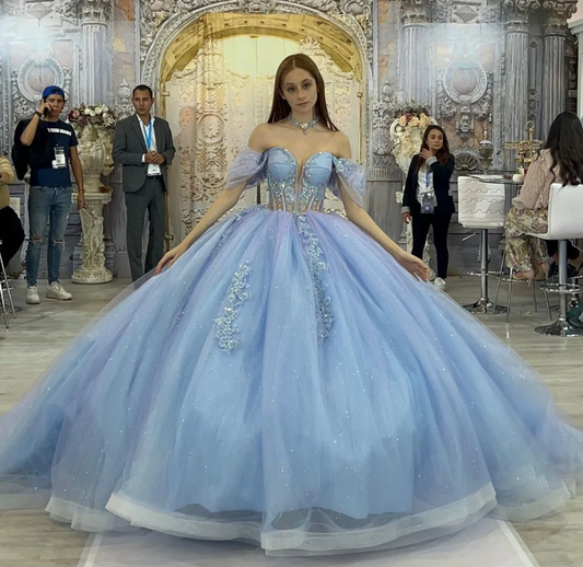 Fairy Off-the-shoulder Ball Gown Tulle Long Prom Dresses Blue Quinceanera Dresses estido De 15 Anos Sweet 16 Dress DP3263