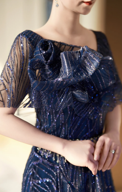 Elegant Sheath Navy Blue Mother of the Bride Dress Tulle Sequins Evening Gown DP3264