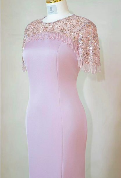 Elegant Jewel Mermaid Evening Dresses Satin Pink Mother of the Bride Dress DP3265