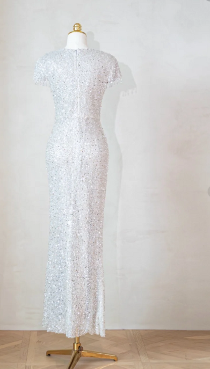 Elegant V neck Sheath Evening Dresses Net Sequin Silver Mother of the Bride Dress DP3266