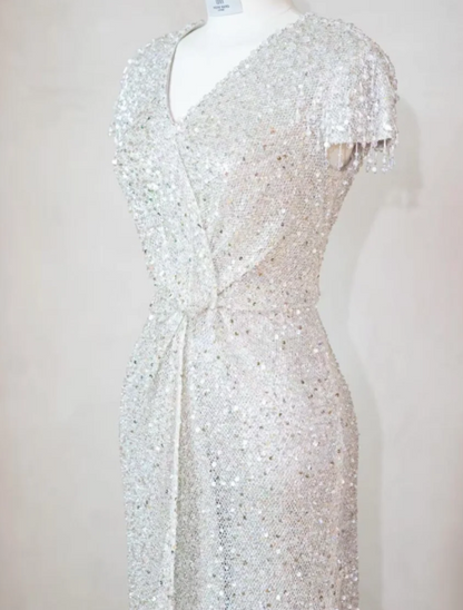 Elegant V neck Sheath Evening Dresses Net Sequin Silver Mother of the Bride Dress DP3266