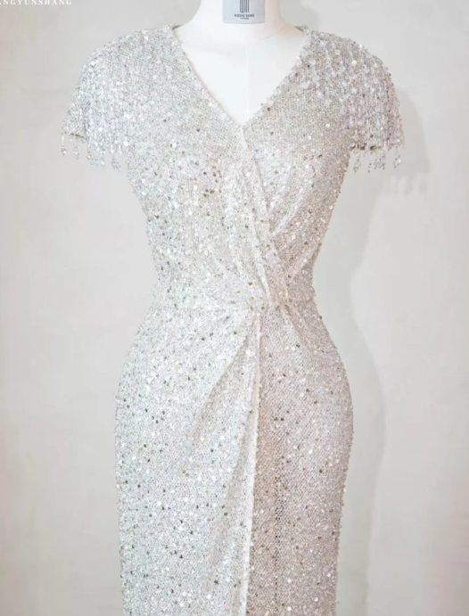 Elegant V neck Sheath Evening Dresses Net Sequin Silver Mother of the Bride Dress DP3266
