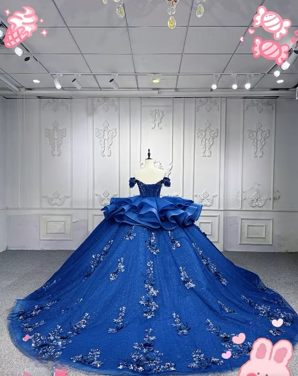 Gorgeous Off-the-Shoulder Ball Gown Tulle Applique Long Prom Dresses Royal Blue Quinceanera Dresses Sparkly Sweet 16 Dresses DP3268