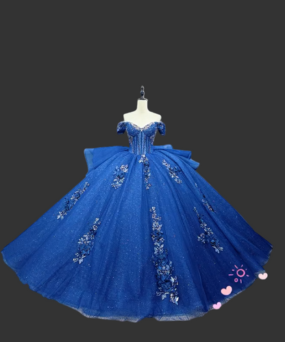Gorgeous Off-the-Shoulder Ball Gown Tulle Applique Long Prom Dresses Royal Blue Quinceanera Dresses Sparkly Sweet 16 Dresses DP3268