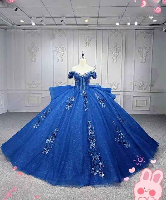 Gorgeous Off-the-Shoulder Ball Gown Tulle Applique Long Prom Dresses Royal Blue Quinceanera Dresses Sparkly Sweet 16 Dresses DP3268