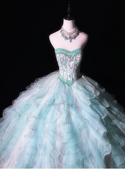 Cute Sweetheart Neck Ball Gown Tulle Long Prom Dresses Mint Green Quinceanera Dresses Sleeveless Sweet 16 Dresses DP3269