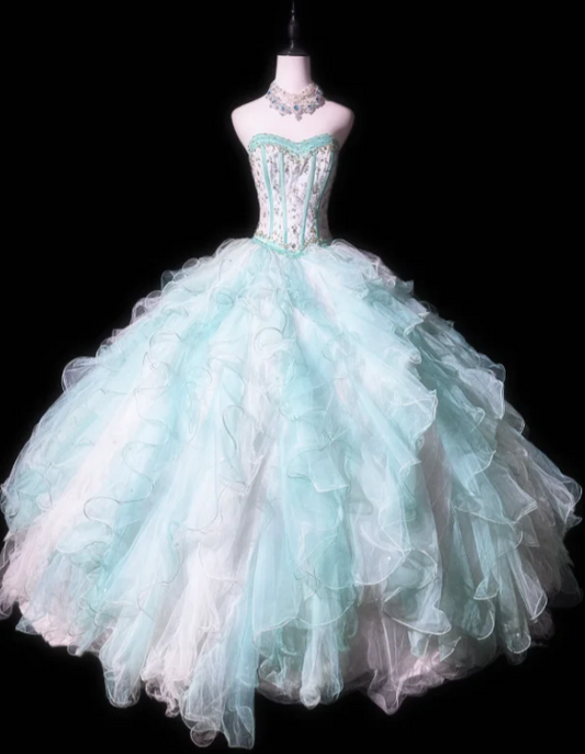 Cute Sweetheart Neck Ball Gown Tulle Long Prom Dresses Mint Green Quinceanera Dresses Sleeveless Sweet 16 Dresses DP3269