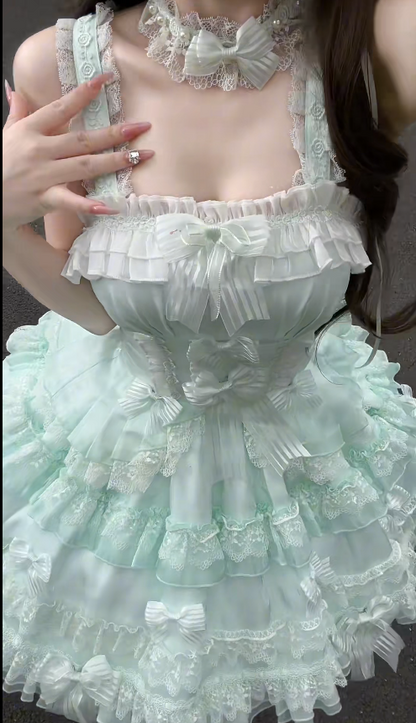 Cute Square Neck Ball Gown Chiffon Lace Short Prom Dresses Mint Green Birthday Outfit Sleeveless Lolita Dresses DP3270