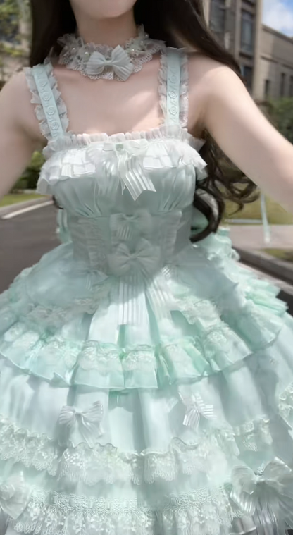 Cute Square Neck Ball Gown Chiffon Lace Short Prom Dresses Mint Green Birthday Outfit Sleeveless Lolita Dresses DP3270