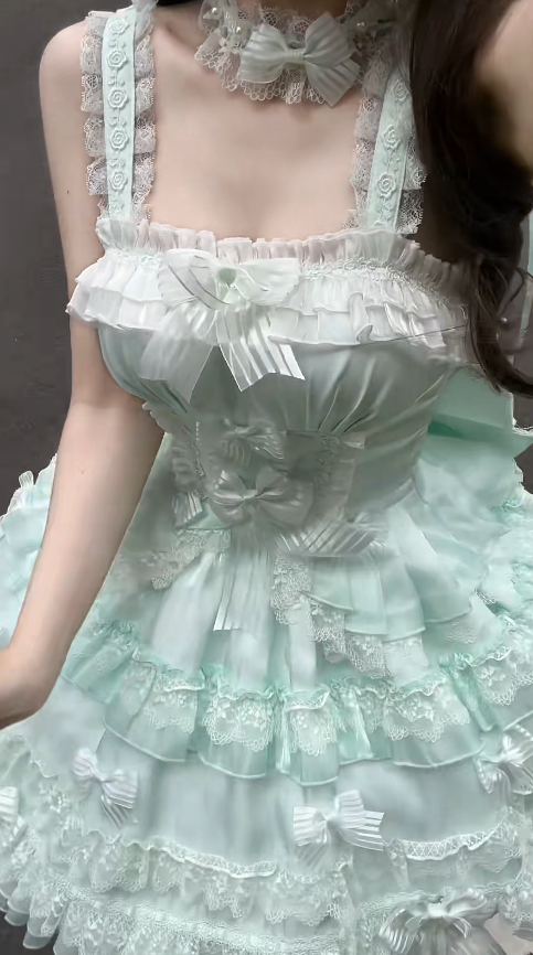 Cute Square Neck Ball Gown Chiffon Lace Short Prom Dresses Mint Green Birthday Outfit Sleeveless Lolita Dresses DP3270