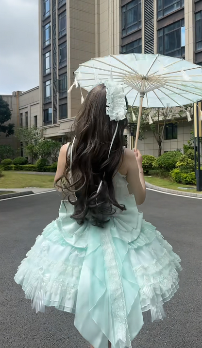 Cute Square Neck Ball Gown Chiffon Lace Short Prom Dresses Mint Green Birthday Outfit Sleeveless Lolita Dresses DP3270