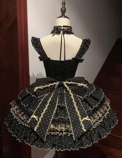 Gorgeous Strapless Ball Gown Polka Dot Short Prom Dresses Black Birthday Outfit Sleeveless Lolita Dresses DP3271