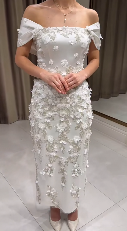 Classic Off-the-shoulder Sheath White Wedding Guest Dresses Satin Beaded Applique Evening Gowns DP3272