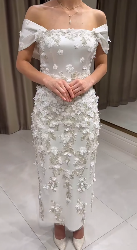 Classic Off-the-shoulder Sheath White Wedding Guest Dresses Satin Beaded Applique Evening Gowns DP3272