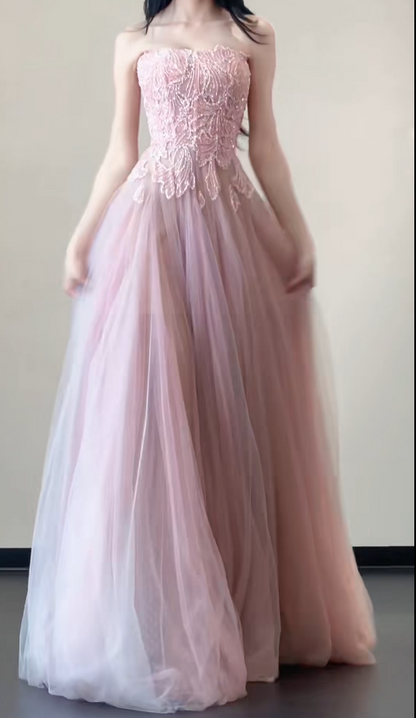 Gorgeous Strapless A-Line Long Prom Dresses Tulle Pink Sweet 16 Dresses DP3273
