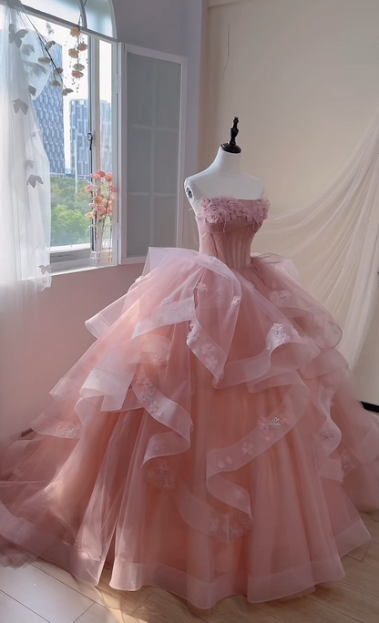 Gorgeous Strapless Ball Gown Tulle Applique Long Prom Dresses Pink Quinceanera Dress Sleeveless Sweet 16 Dresses DP3275